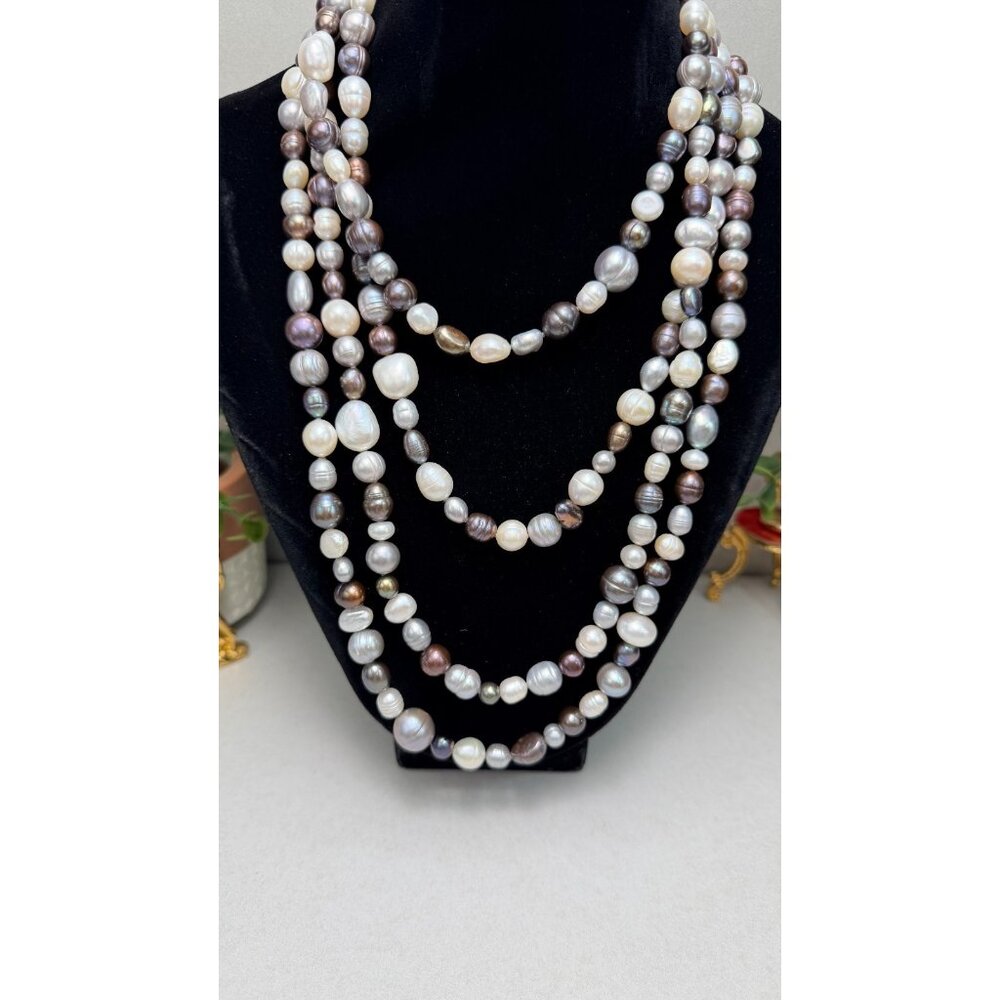 Long Multi Strand Freshwater Pearl Necklace Baroque Gray White Statement
